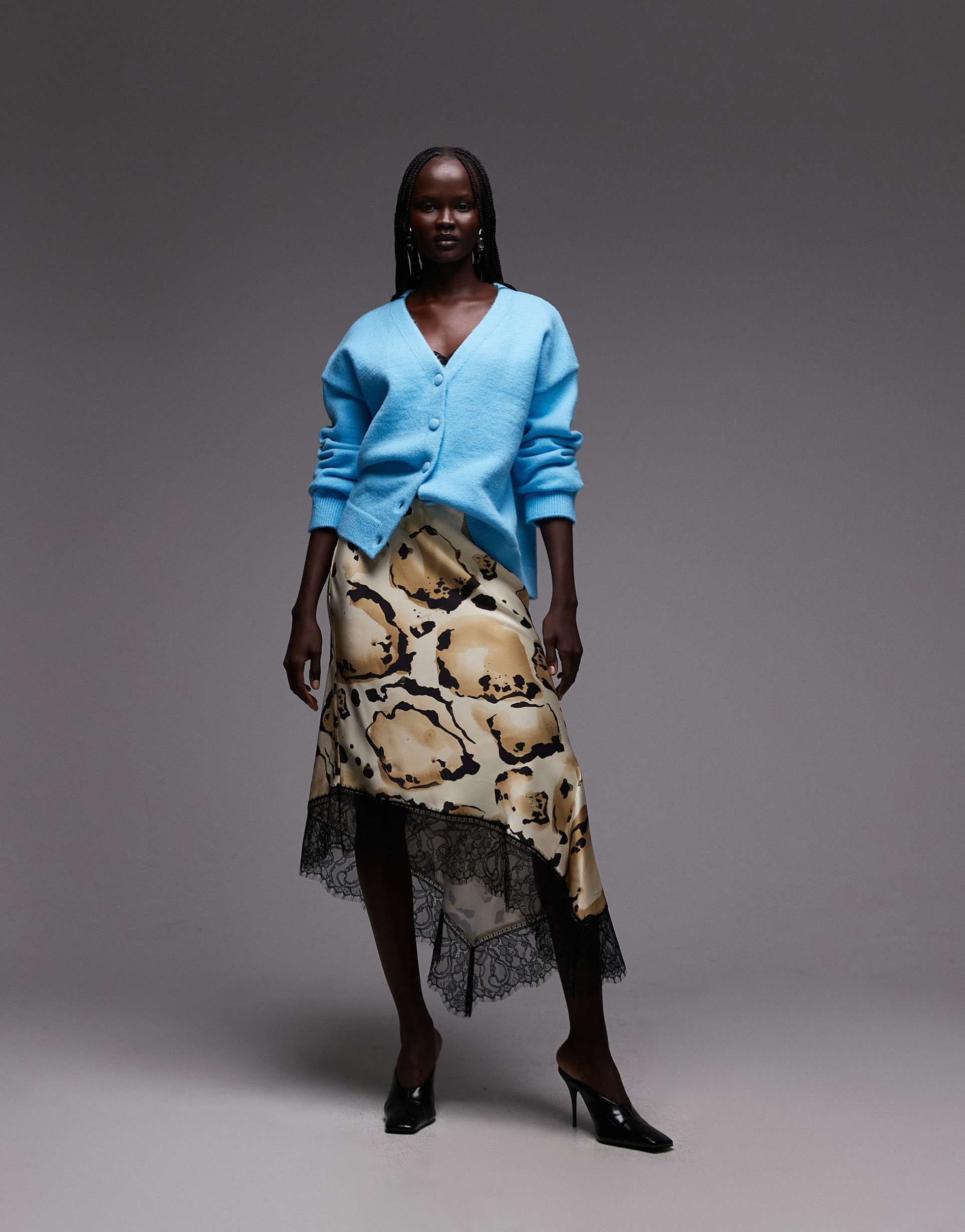 asos design satin asymmetric lace trim skirt in animal print