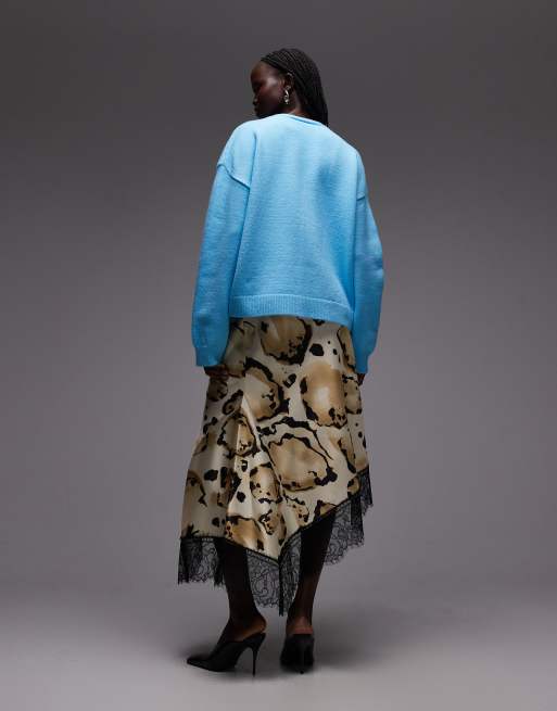 ASOS DESIGN satin asymmetric lace trim skirt in animal print, 4 of 5