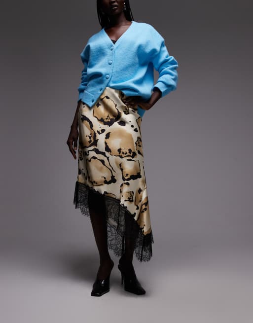 ASOS DESIGN satin asymmetric lace trim skirt in animal print, 5 of 5