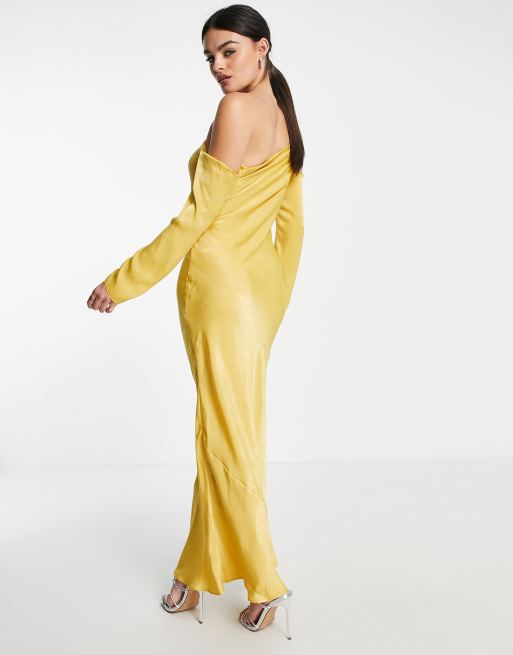 ASOS DESIGN Satin asymmetric maxi dress with cold shoulder detail in gold