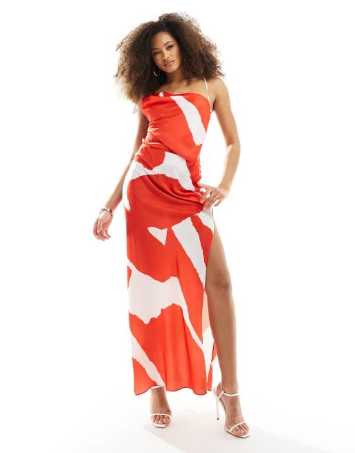 Satin Abstract Strapless Maxi Dress