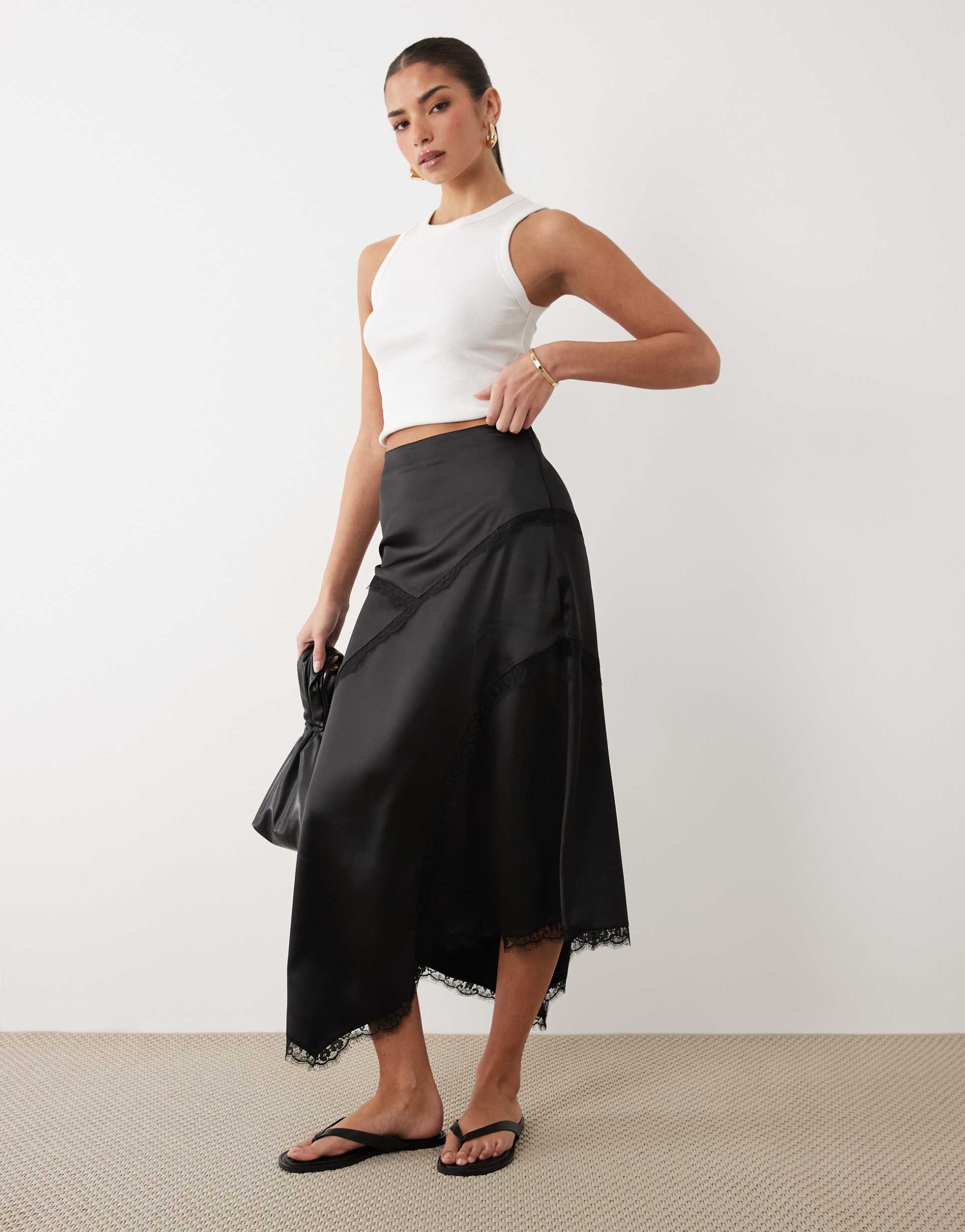 asos design satin asymmetric maxi skirt with lace detail in black