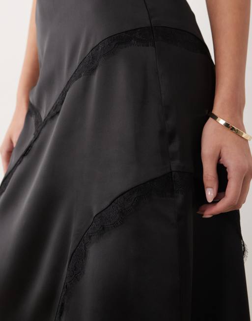 ASOS DESIGN satin asymmetric maxi skirt with lace detail in black, 3 of 5