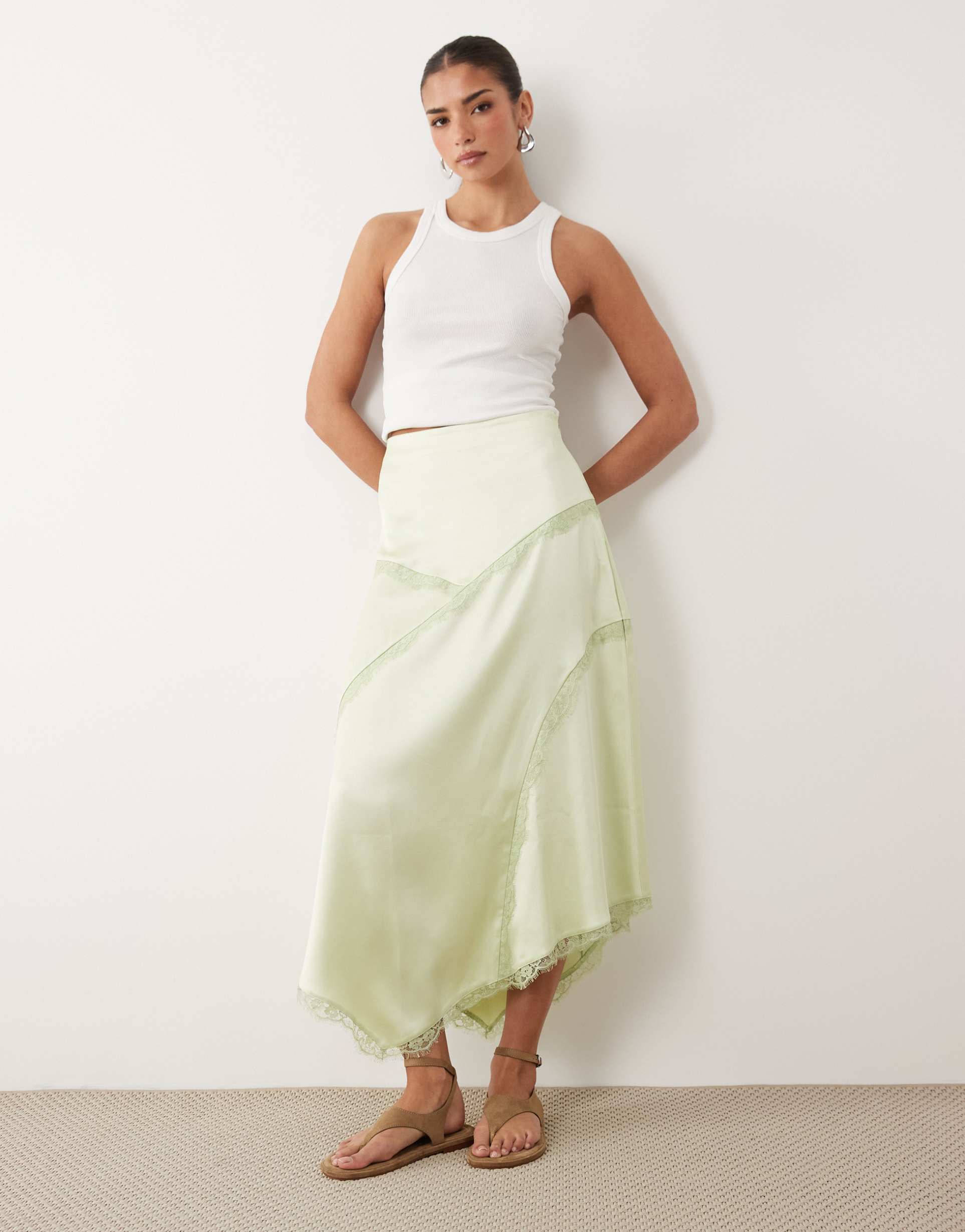 asos design satin asymmetric maxi skirt with lace detail in matcha green
