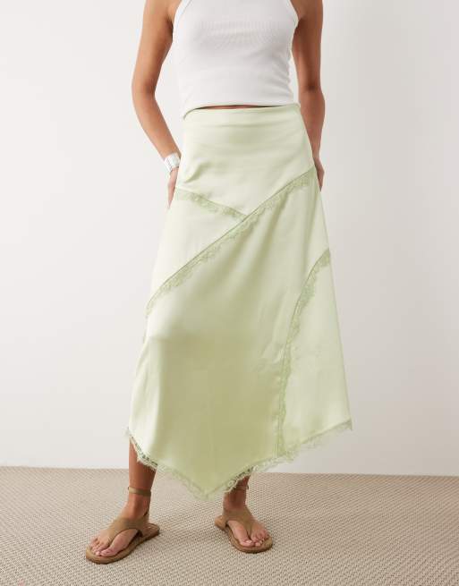ASOS DESIGN satin asymmetric maxi skirt with lace detail in matcha green, 2 of 5
