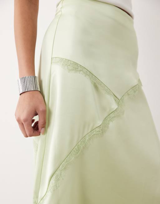 ASOS DESIGN satin asymmetric maxi skirt with lace detail in matcha green, 3 of 5