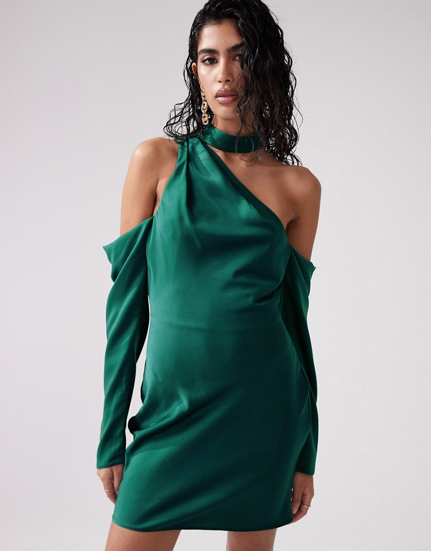 ASOS DESIGN satin asymmetric mini dress with cold shoulder detail in green