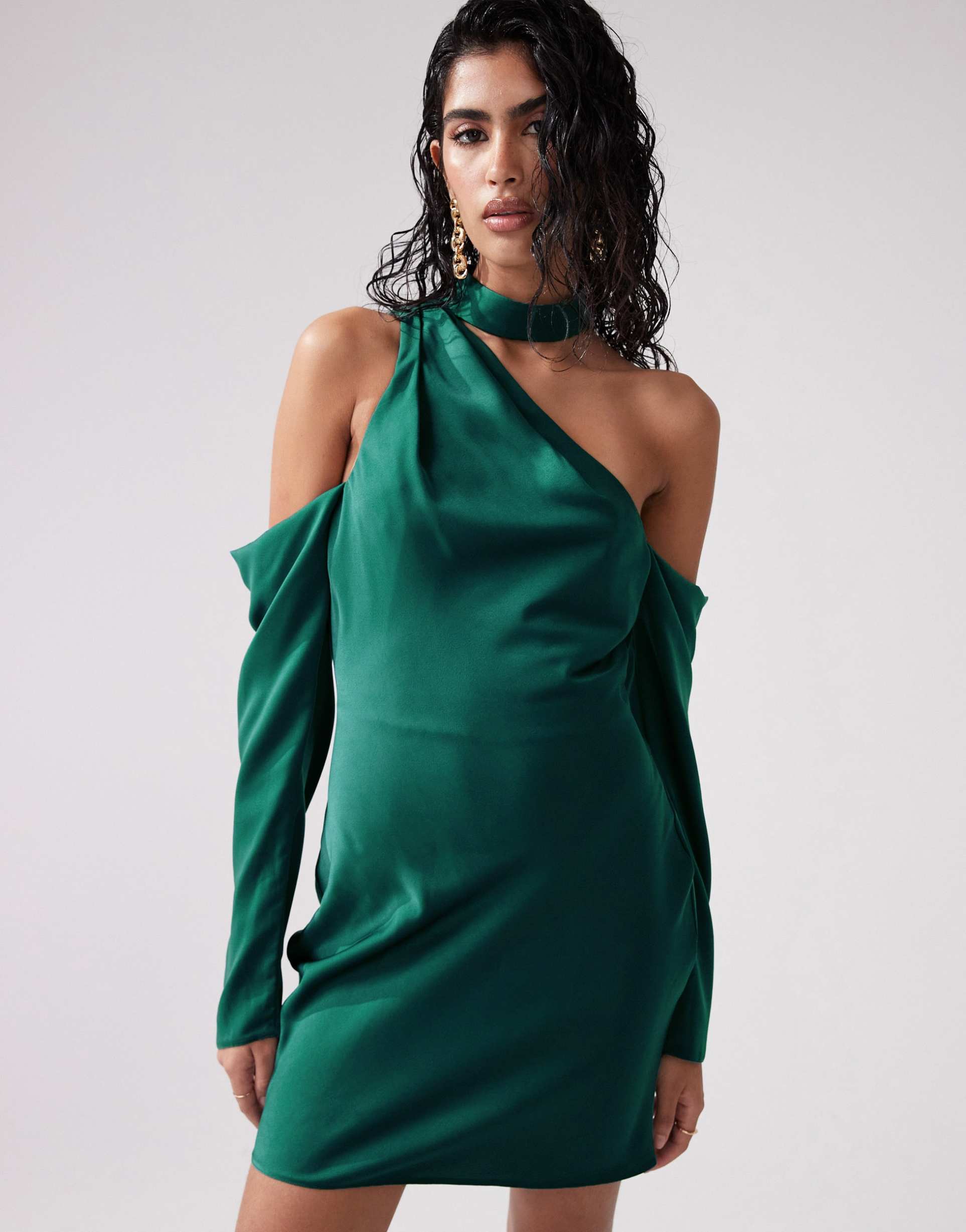 asos design satin asymmetric mini dress with cold shoulder detail in green