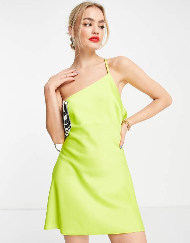 ASOS DESIGN Satin asymmetric neck drape back mini dress in lime