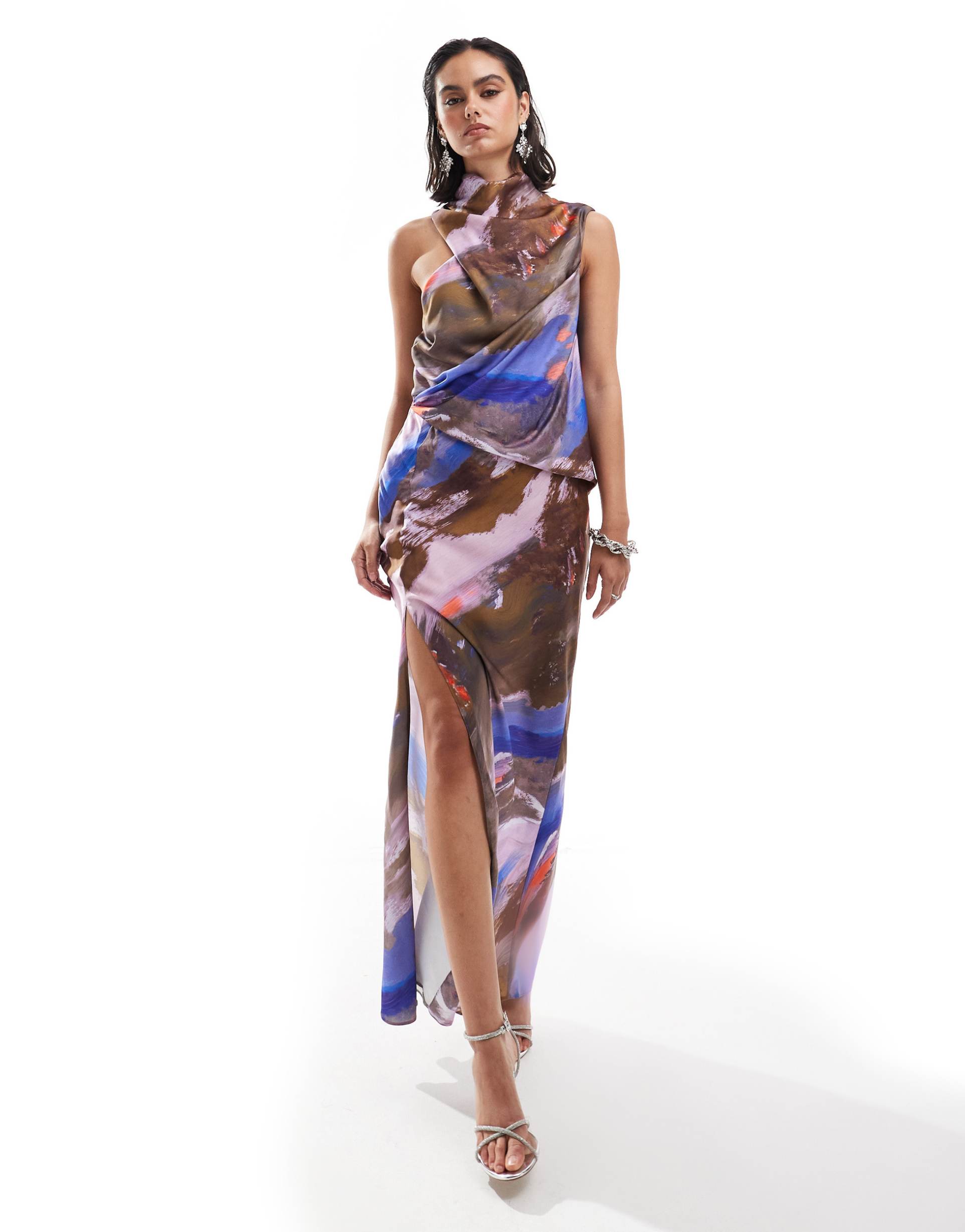 asos design satin asymmetric neck maxi dress with puddle hem in abstract print