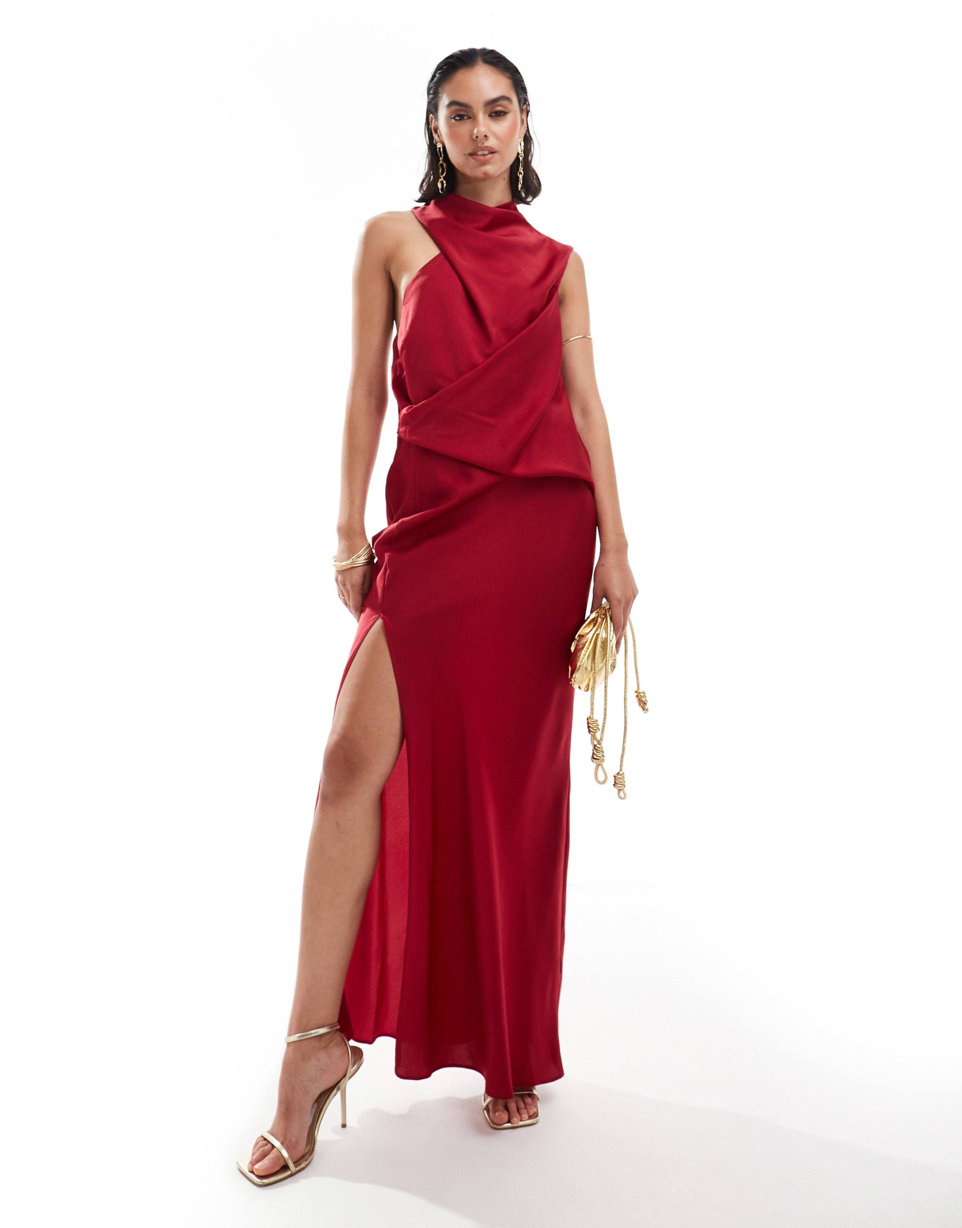 asos design satin asymmetric neck maxi dress with puddle hem in claret red