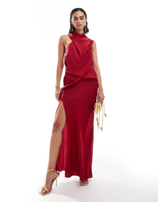 ASOS DESIGN satin asymmetric neck maxi dress with puddle hem in claret red