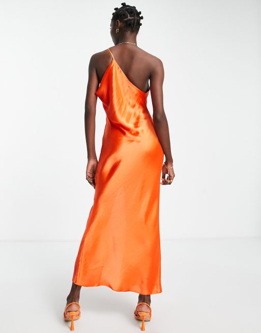 ASOS DESIGN satin asymmetric neck maxi dress with slit in orange | ASOS