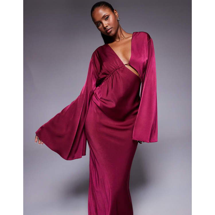 ASOS DESIGN satin asymmetric neckline long sleeve maxi dress with channel  detail in berry | ASOS