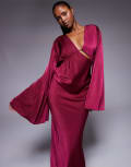 [ASOS DESIGN] ASOS DESIGN satin asymmetric neckline long sleeve maxi dress with channel detail in berry-Purple 10 Berry