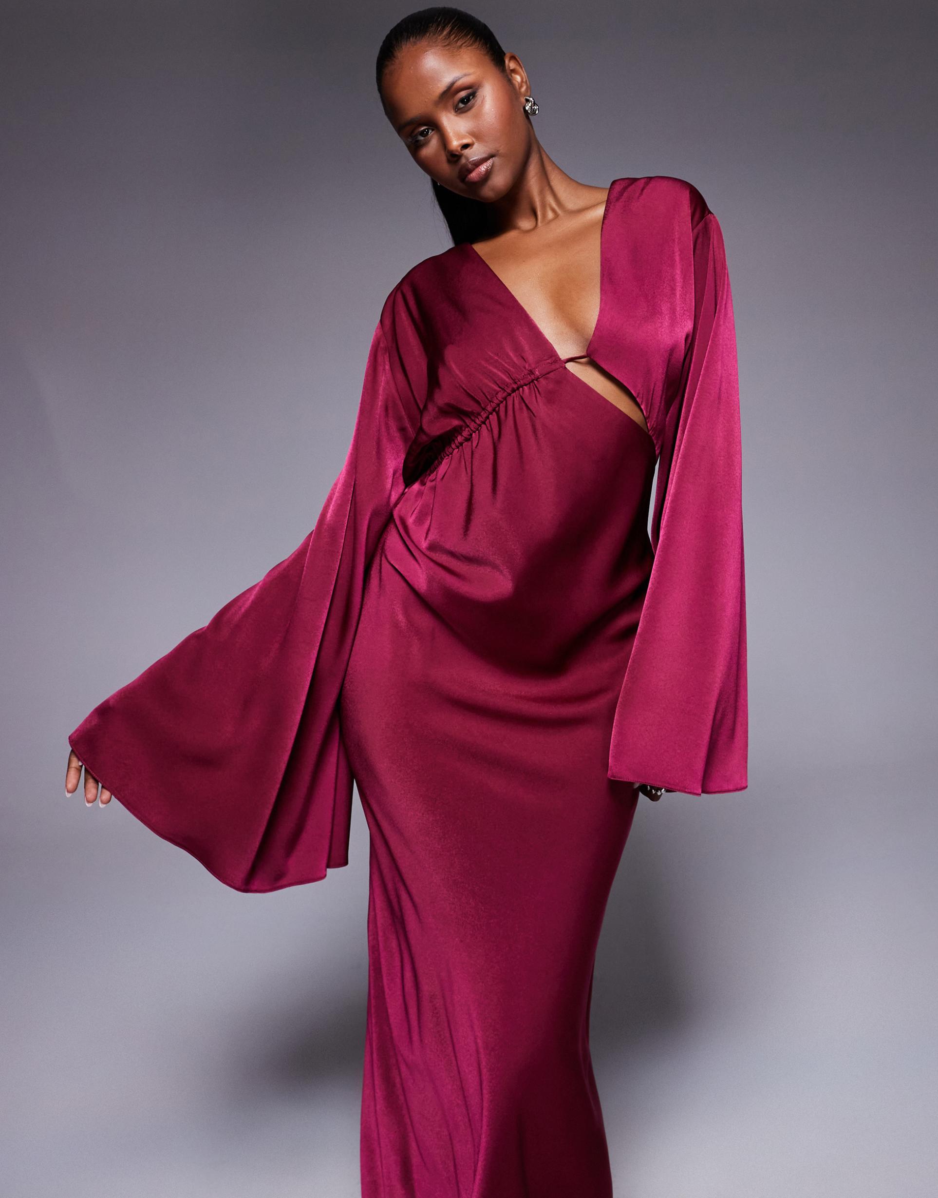asos design satin asymmetric neckline long sleeve maxi dress with channel detail in berry