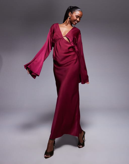 ASOS DESIGN satin asymmetric neckline long sleeve maxi dress with channel detail in berry