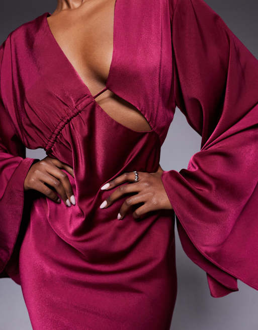 ASOS DESIGN satin asymmetric neckline long sleeve maxi dress with channel detail in berry