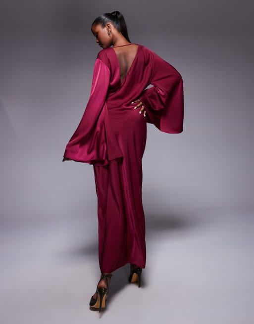 ASOS DESIGN satin asymmetric neckline long sleeve maxi dress with channel detail in berry