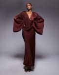 [ASOS DESIGN] ASOS DESIGN satin asymmetric neckline long sleeve maxi dress with channel detail in chocolate-Brown 10 Chocolate