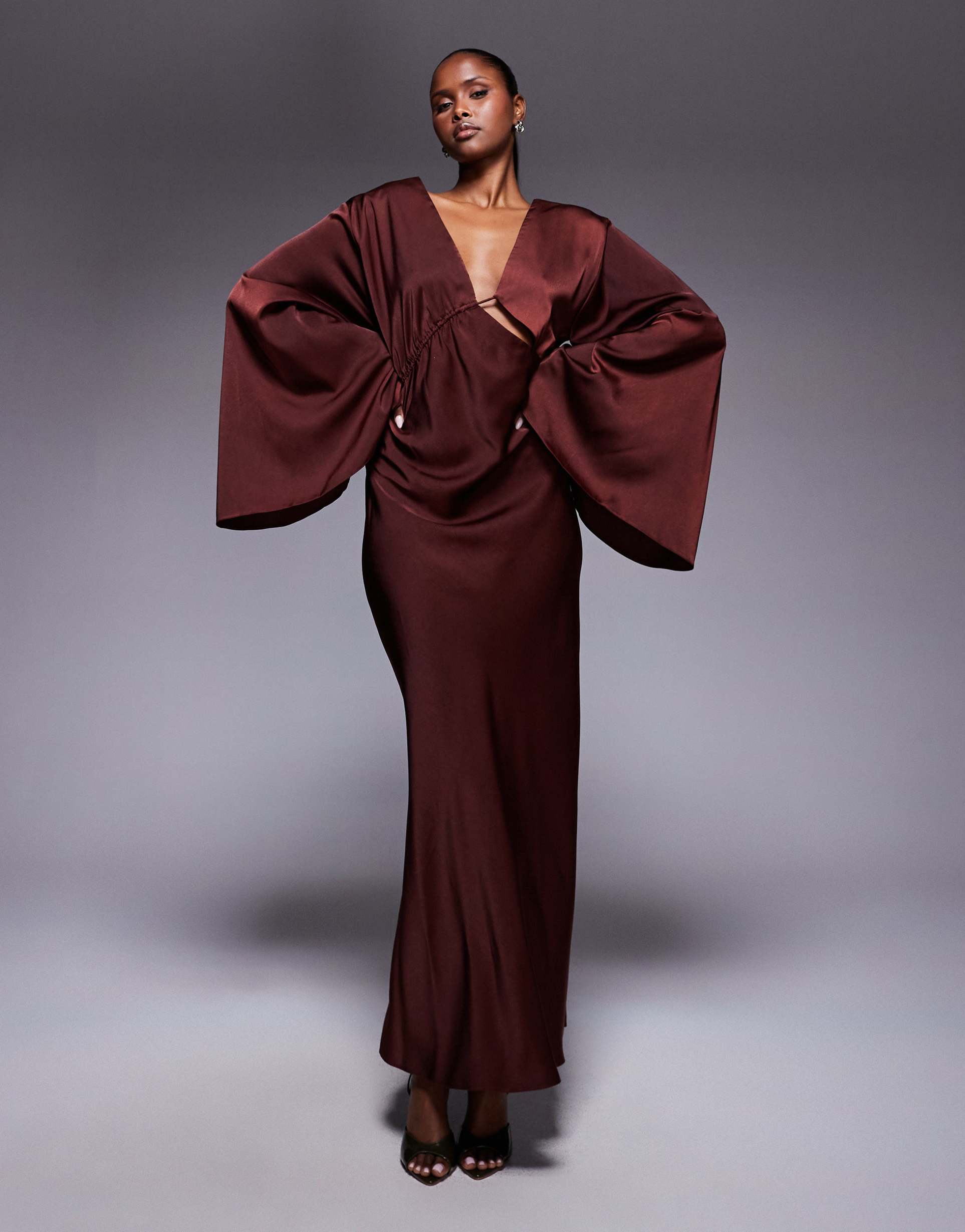 asos design satin asymmetric neckline long sleeve maxi dress with channel detail in chocolate