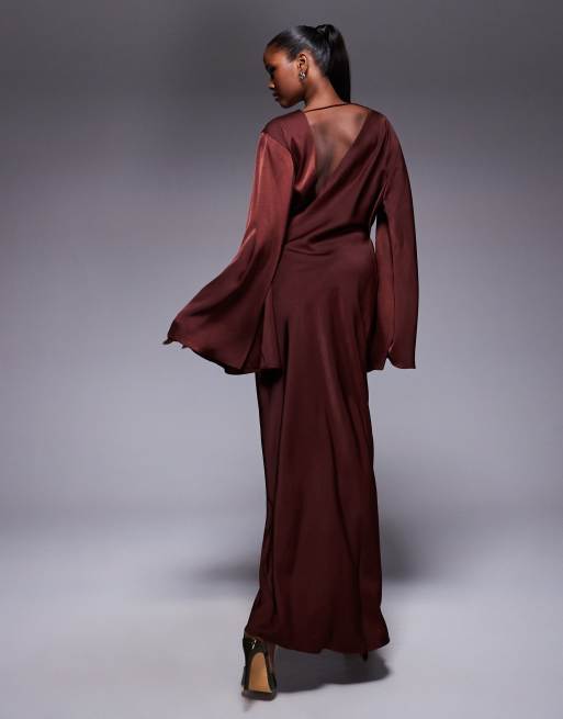 ASOS DESIGN satin asymmetric neckline long sleeve maxi dress with channel detail in chocolate