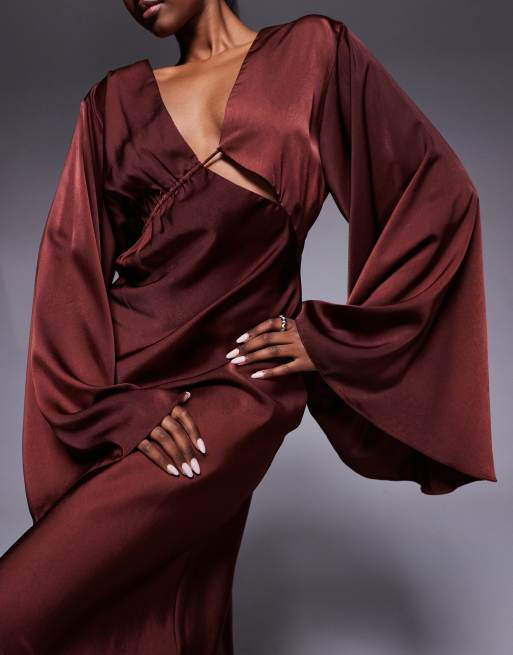 ASOS DESIGN satin asymmetric neckline long sleeve maxi dress with channel detail in chocolate