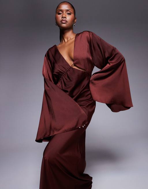 ASOS DESIGN satin asymmetric neckline long sleeve maxi dress with channel detail in chocolate