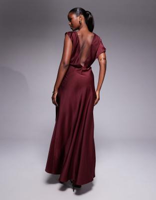 Asos Design Satin Asymmetric Neckline Maxi Dress With Pleat Shoulder And Skirt Detail In Red