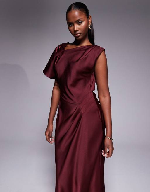 asos red asymmetric dress ASOS Design Asymmetric Curved Back Midi Dress in dark Red