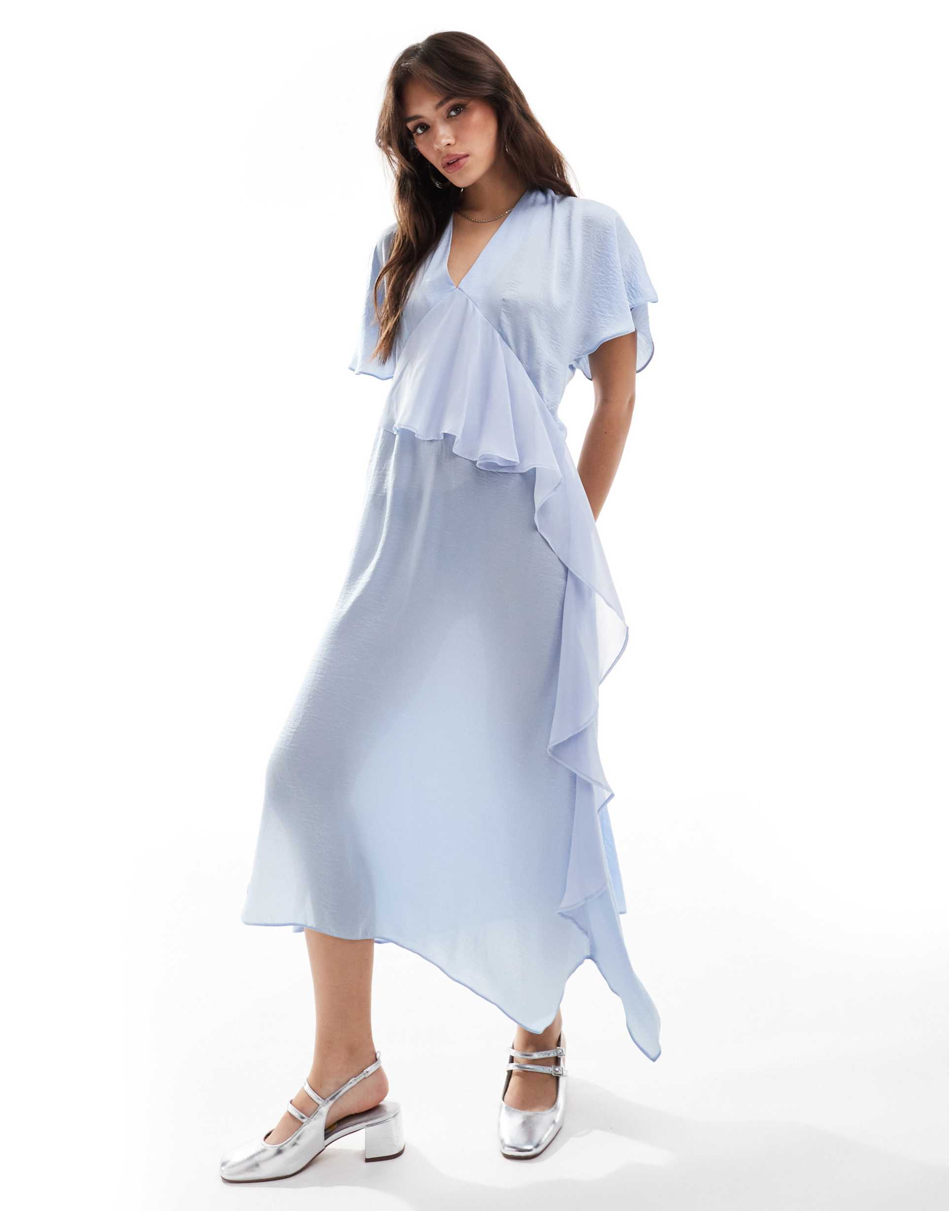 asos design satin asymmetric ruffle detail midi dress in light blue