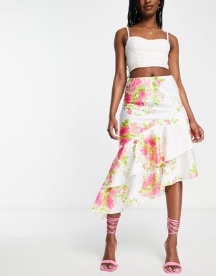 Shop Asos Design Satin Asymmetric Ruffle Midi Skirt In Rose Floral Print-multi