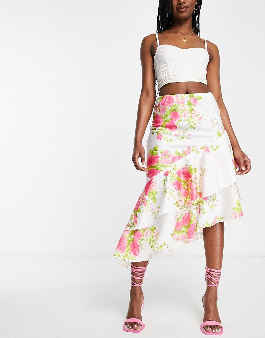 ASOS DESIGN satin asymmetric ruffle midi skirt in rose floral print-Multi