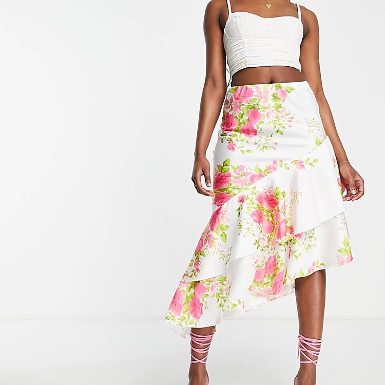 ASOS DESIGN satin asymmetric ruffle midi skirt in rose floral print | ASOS