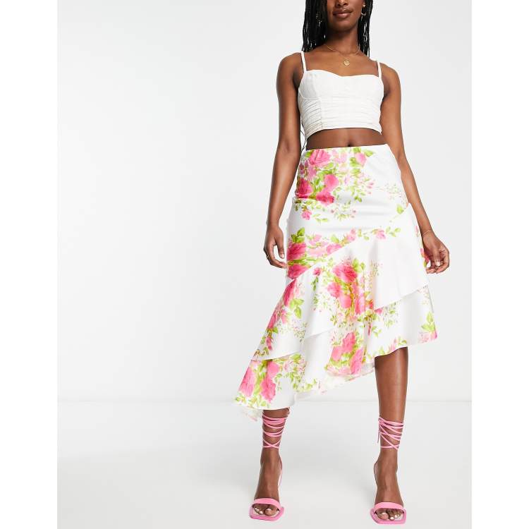 ASOS DESIGN satin asymmetric ruffle midi skirt in rose floral print | ASOS