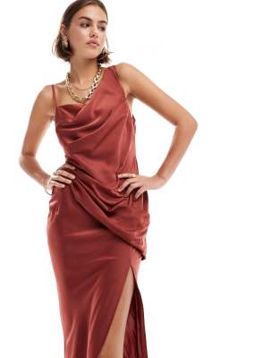 ASOS DESIGN satin asymmetric shoulder drape bodice maxi dress with side split in deep rust-Red