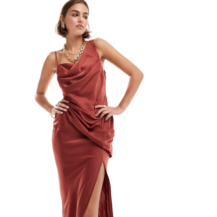 ASOS DESIGN satin asymmetric shoulder drape bodice maxi dress with