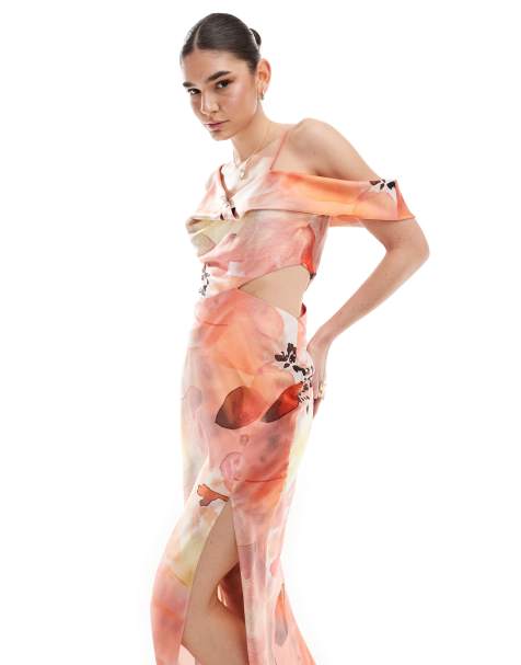 ASOS DESIGN satin asymmetric shoulder maxi dress with cut out detail in overscale floral print - view 1