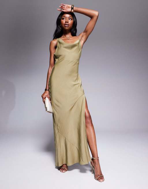 ASOS DESIGN satin asymmetric straps midaxi dress with slit in olive green