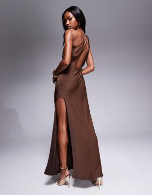 Shop Asos Design Satin Asymmetric Straps Midaxi Dress With Slit