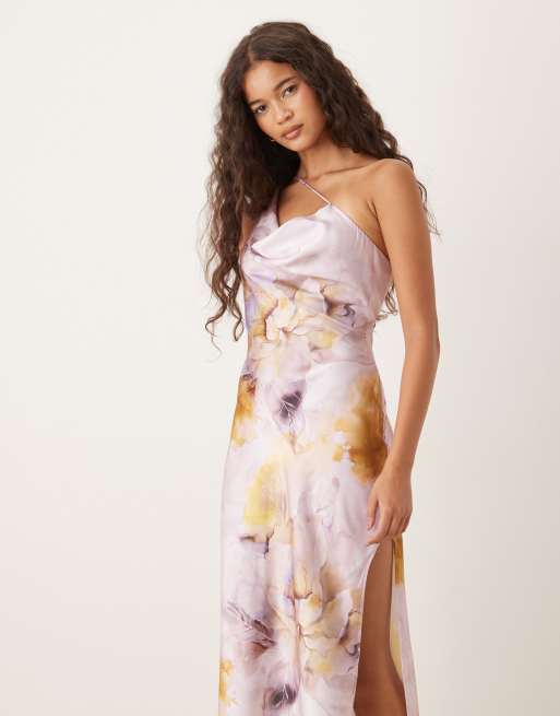 ASOS DESIGN satin asymmetric straps midaxi dress with slit in overblown floral