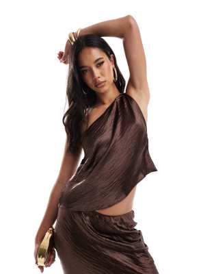 Asos Design Satin Asymmetric Twist Top In Chocolate - Part Of A Set-brown