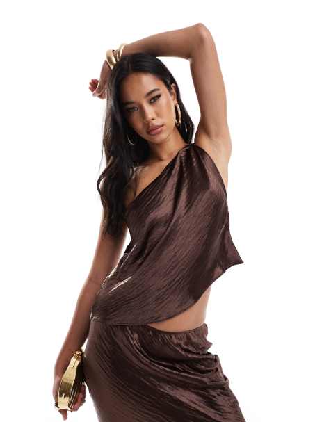 ASOS DESIGN satin asymmetric twist top in chocolate - part of a set - view 1