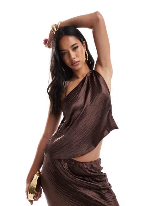 ASOS DESIGN satin asymmetric twist top in chocolate - part of a set