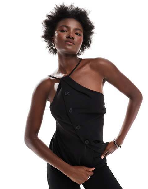 ASOS DESIGN satin asymmetric vest in black - view 1