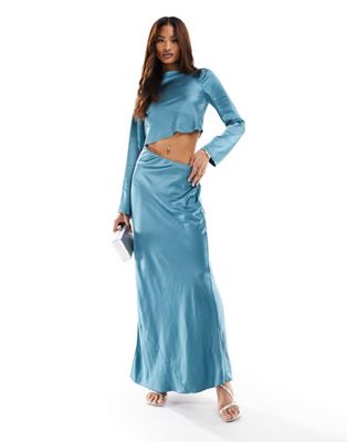 ASOS DESIGN satin asymmetric waist cut out maxi dress in teal-Blue