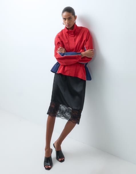 ASOS DESIGN satin awkward length midi skirt in black with lace trim - view 1