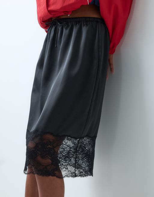 ASOS DESIGN satin awkward length midi skirt in black with lace trim, 3 of 5