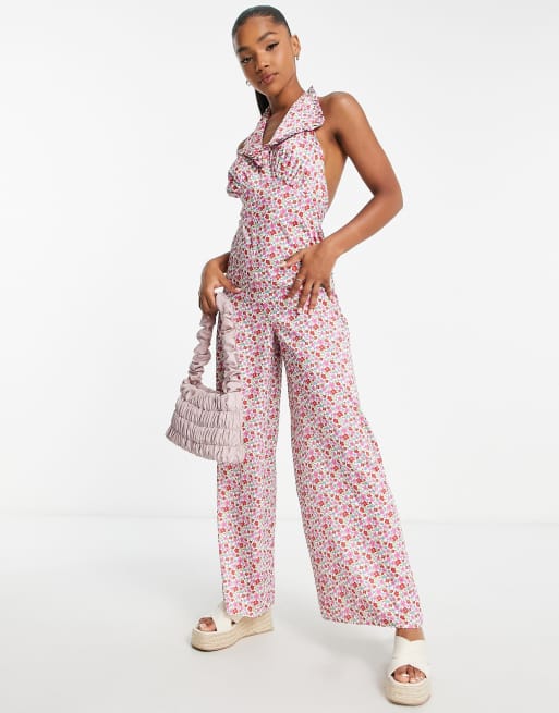 ASOS DESIGN satin backless jumpsuit with collar in ditsy print