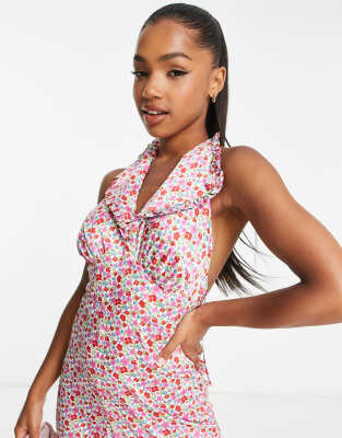 ASOS DESIGN satin backless jumpsuit with collar in ditsy print